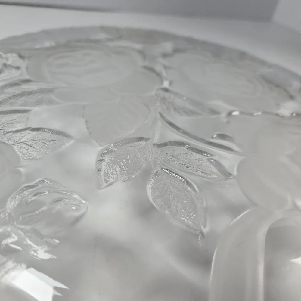 Laura Glass Rose Garden Platter 14 inch Clear Frosted Floral Serving Tray